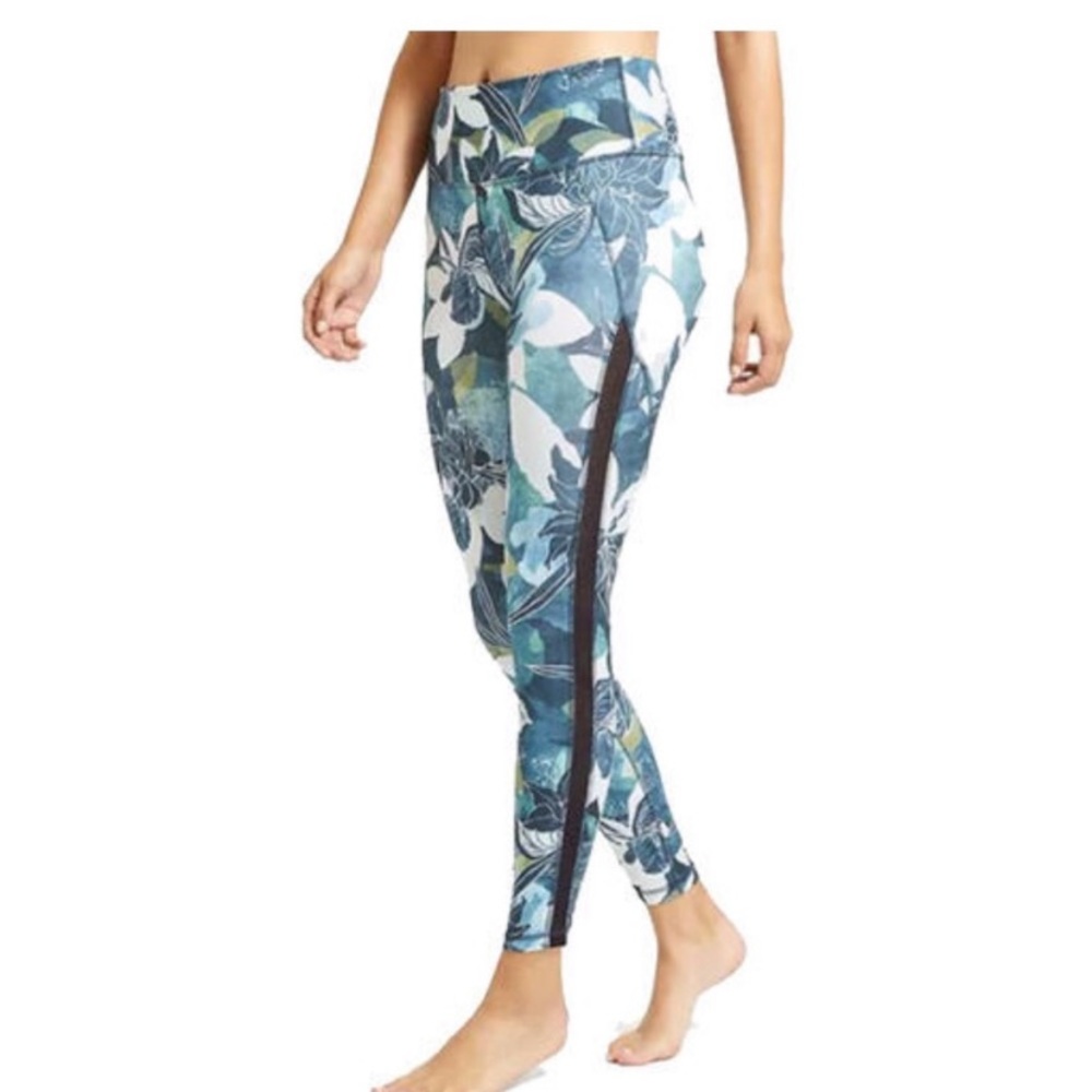 Athleta floral teal leggings mesh trim small